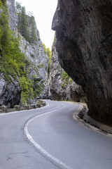 winding road through a majestic rocky canyon in the Carpathian Mountains, Romania, perfect for a...