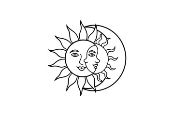 Obraz premium Simple black and white line art illustration of sun and moon celestial bodies with human faces silhouette