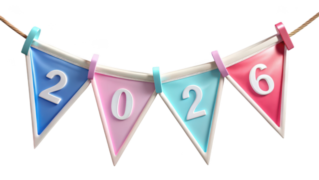 Happy new year 2026 bunting flags isolated on transparent background