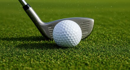 Close-up of a golf club and ball ready for a shot on the perfectly manicured green grass.