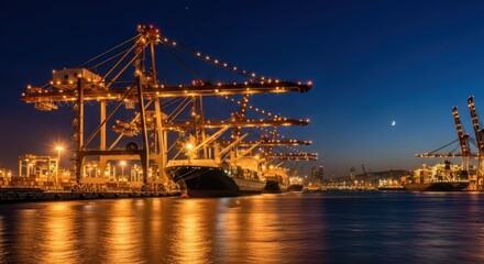 Night Cargo Port with Yellow Cranes and Calm Blue Water