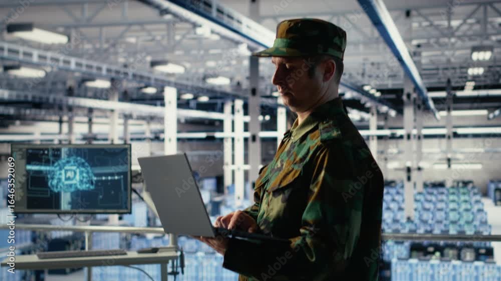 Poster army soldier in server farm uses artificial intelligence program on laptop to review reconnaissance 