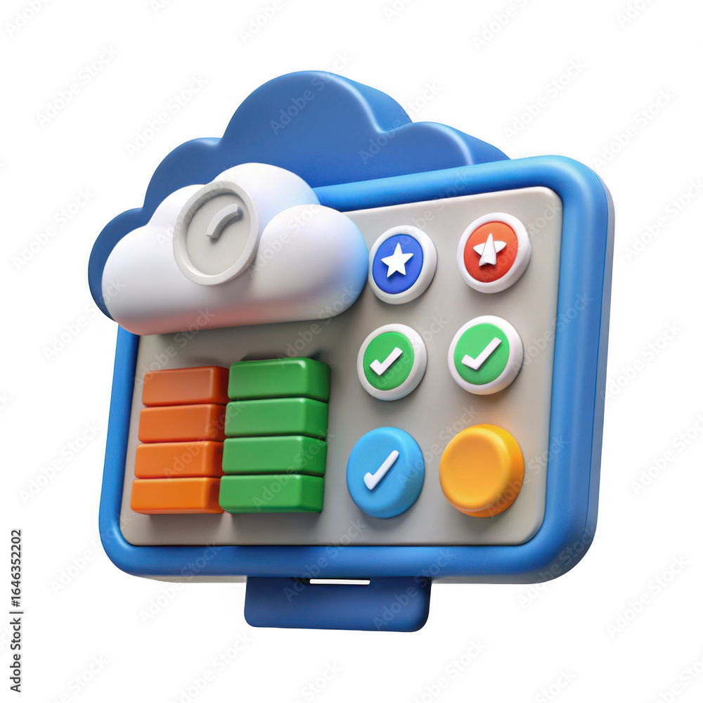 Poster 3d stylized cloud computing dashboard with data and tasks isolated on transparent background