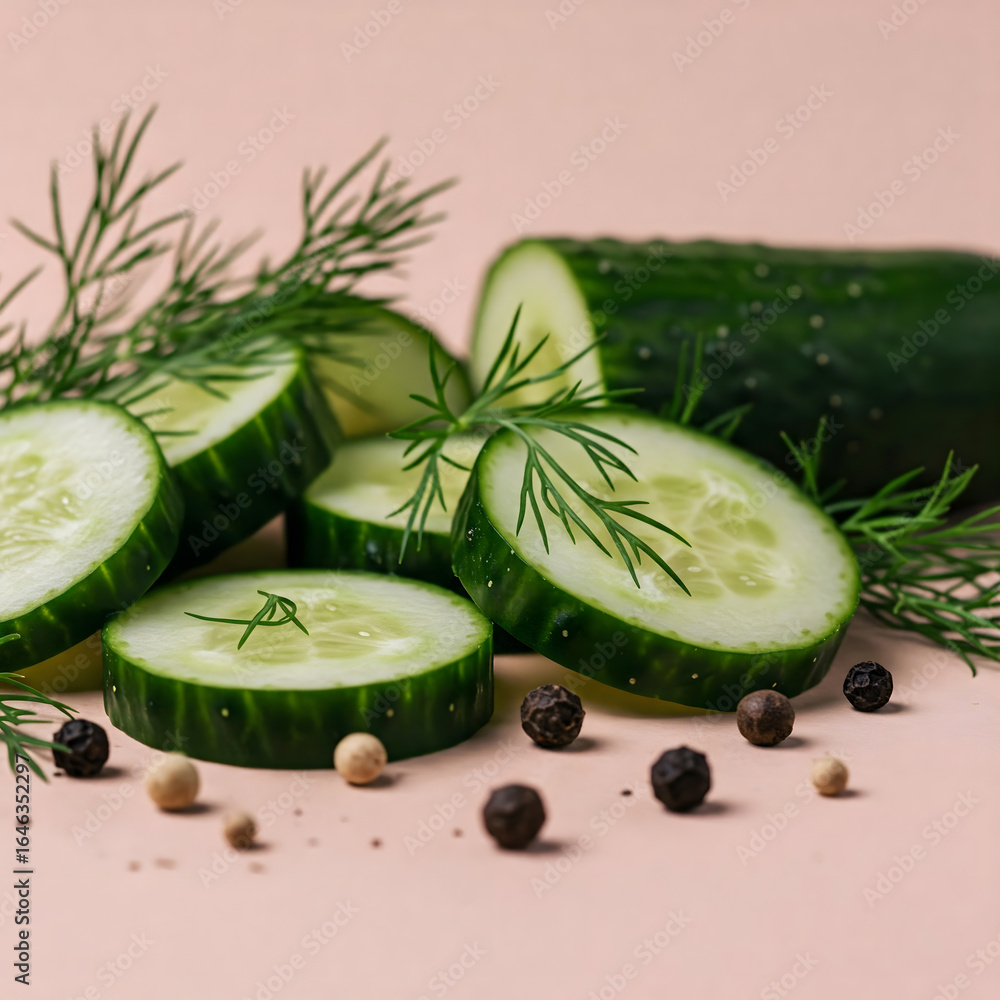 Aufkleber a macro shot of a sliced cucumber and fresh dill on a light-colored background, with peppercorns sca