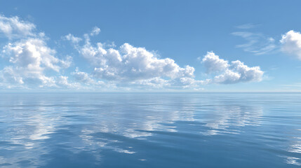 Fototapeta premium Serene blue ocean vista with gentle waves under a vast sky filled with fluffy white clouds