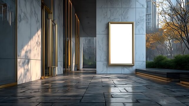 Modern architectural walkway with empty golden frame, offering a sophisticated backdrop for commercial displays and urban branding.