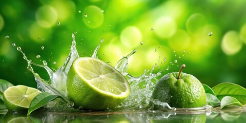 Freshly squeezed green lime juice splashing on a crisp green background amidst lush foliage, greenery, splash