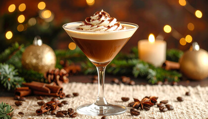 Decadent espresso martini topped with whipped cream and cocoa