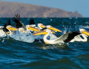 Flocks of pelicans in the sea
