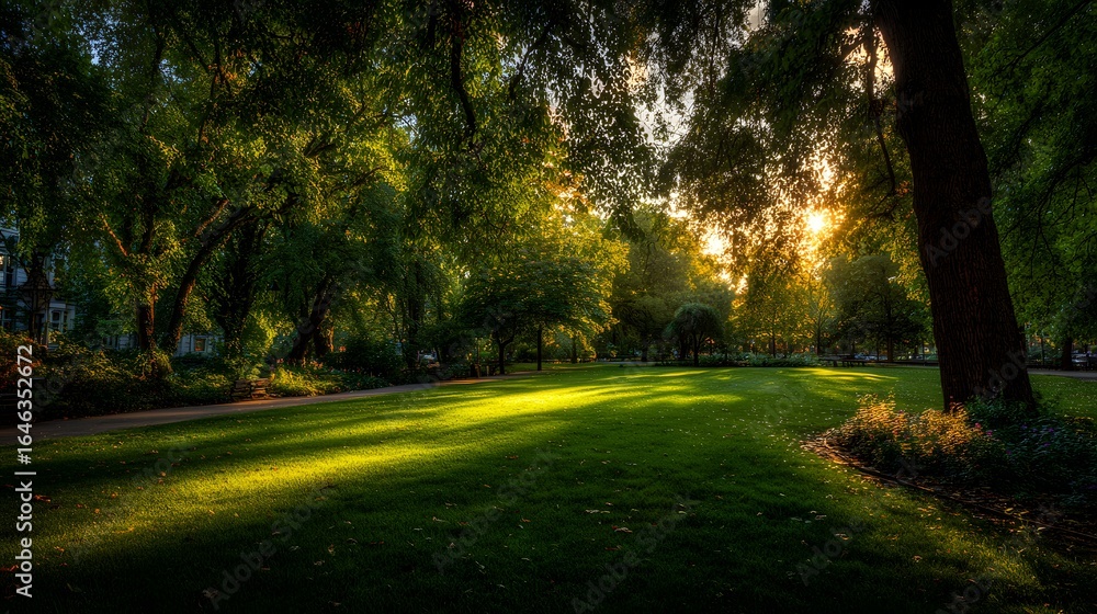 Poster sunlight streams through the trees of a park.