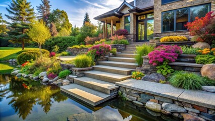 Obraz premium Modern home with stone steps leading to a serene pond surrounded by lush greenery and vibrant flowers