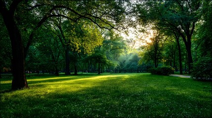 Fototapeta premium Lush green parkland bathed in morning sunlight.