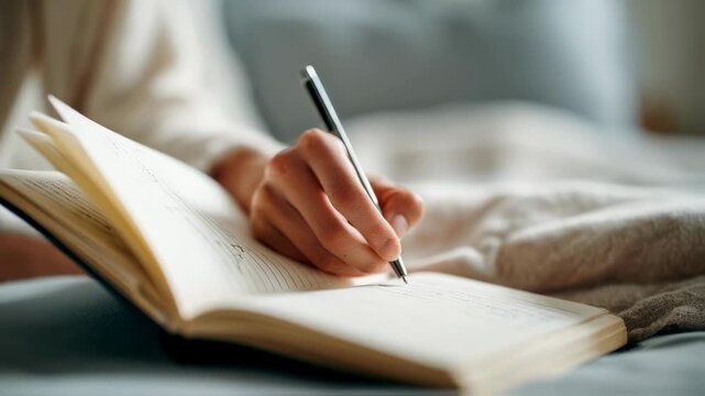Medium shot of a person writing in a jealousy journal main hand in crisp focus while AIgenerated cognitive restructuring suggestions softly blur in the background emphasizing
