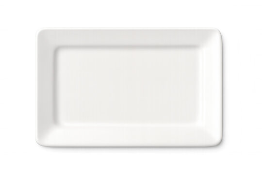 White rectangular plate with softly rounded corners, presenting clean design ideal for gourmet food styling, positioned against transparent surface