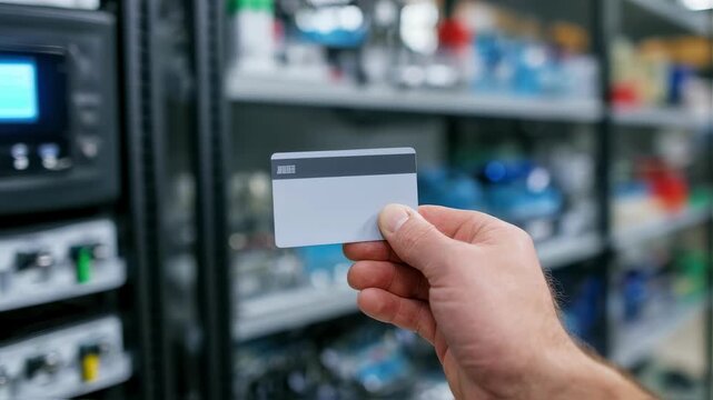 Medium shot showing a hand holding a student ID card near the lockers RFID reader with shelves of various lab tools softly out of focus behind the highlighted RFID panel.