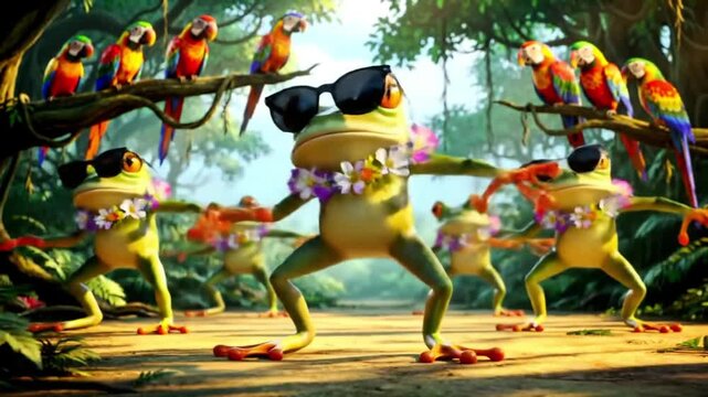 Funky Frogs and Parrots Tropical Party A Vibrant Illustration of Cool Amphibians and Colorful Birds Dancing in a Lush Jungle Paradise