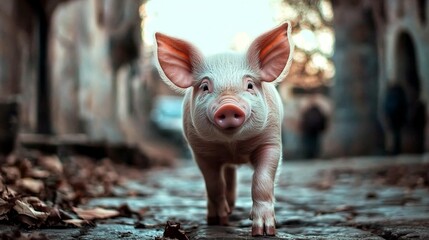 Piglet on Cobblestone Street