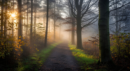 Obraz premium Foggy Forest Path at Sunrise A Mystical Autumn Morning