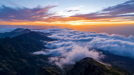 Volcano Crater Rim Overlooking Sea Of Clouds At Dawn With Golden Light And High View
