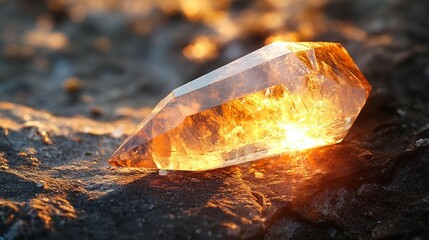 Golden Crystal on Rock at Sunset