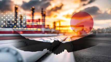 Symbolic image of US-Japan partnership in energy sector, Oil and gas trade agreement concept