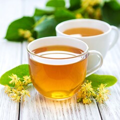 Two cups of herbal tea with linden flowers
