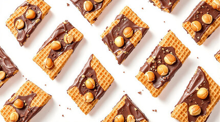 Delicious chocolate wafers with hazelnuts rotate on a white background.