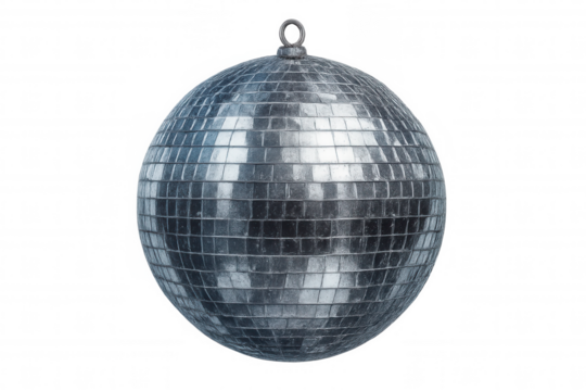 Glittering silver disco ball suspended, casting shimmering reflections against transparent backdrop, embodying party mood