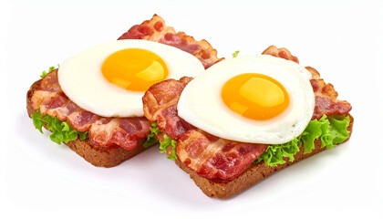 Fried egg fried bacon sandwich on a white isolated background.