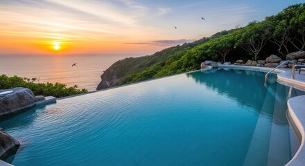 Obraz premium Serene Turquoise Swimming Pool Overlooking Ocean at Sunset
