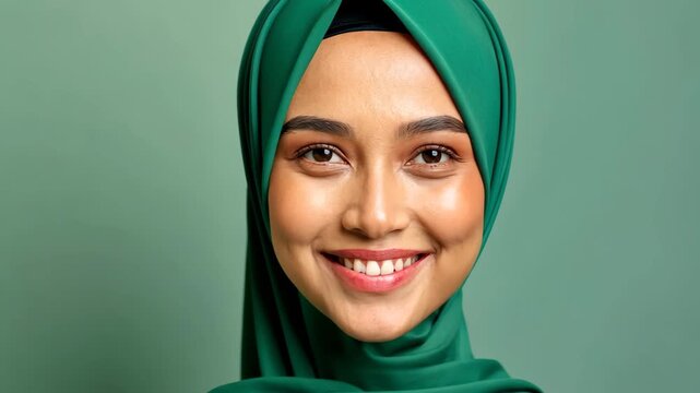 Radiant Harmony: A beautiful woman adorned in an emerald headscarf emanates warmth and serenity, her gaze directly engaging the viewer with a bright and genuine smile.