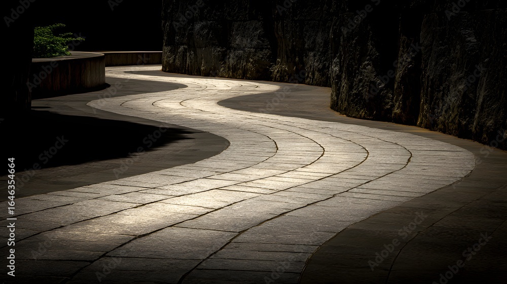 Poster winding path of light and shadow on a paved walkway.