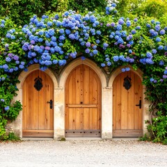 Wooden doors, hydrangea wall