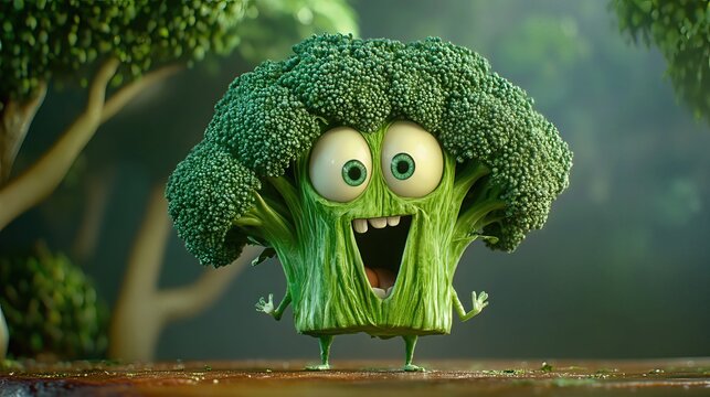 3D rendered broccoli character smiles in a green forest. Fun and healthy vegetable animation.