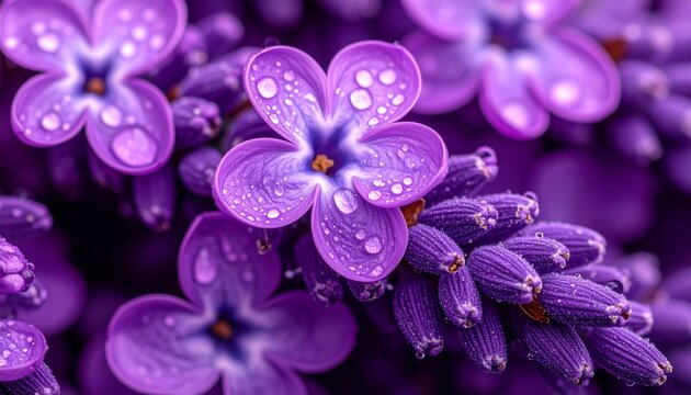 Lavender sprigs macro with fresh water droplets