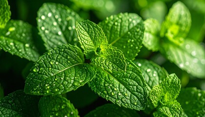 Mint leaf texture covered in water droplets
