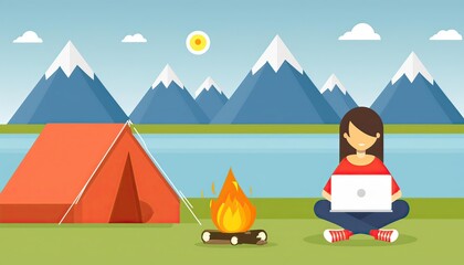 woman working on laptop near tent at camping, bonfire, near the river against the background of mountains