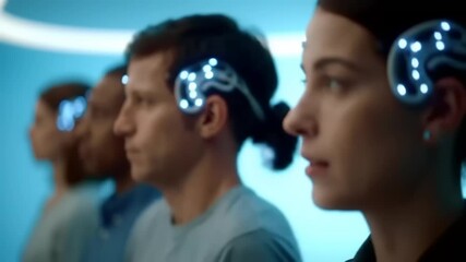 People with glowing headwear in a futuristic setting