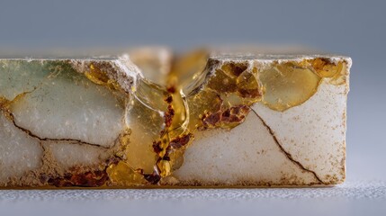 A small crack in a block of plant-based resin that has partially closed over time.