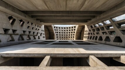 Abstract brutalist architectural composition of a bridge's structural supports with complex geometric forms and a pathway