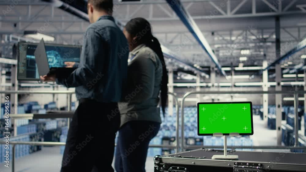 Poster close up of green screen tablet in front of data center engineers improving ai rigs. server hub coll