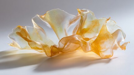 A thin, translucent bioplastic sheet made from compressed algae, resting on a white surface.
