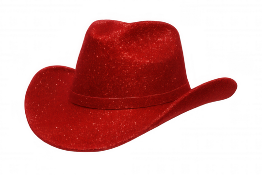 Glittery red cowboy hat shining brightly, floating on transparent backdrop, complementing creative graphic design compositions