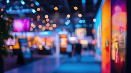 Exhibition Hall Impression: The photograph captures a vibrant, blurry tableau of an exhibition hall, with people, dynamic displays, and soft lights blending to convey a sense of energetic atmosphere.