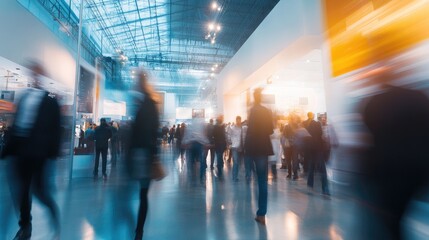 Dynamic Movement at the Trade Fair: A bustling trade fair scene, showcasing the energy of a commercial environment with people. Blurred figures, moving across a grand exhibition space.