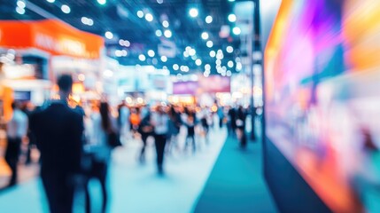 Business Exhibition Blur: A vibrant, intentionally blurred shot captures a bustling exhibition hall, filled with diverse attendees and exhibits, creating a sense of dynamic engagement.
