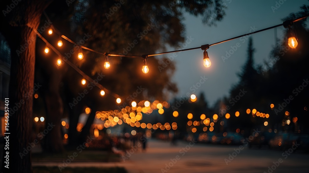 Poster warm, inviting string lights illuminate a twilight scene.