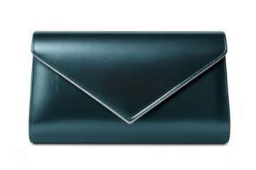 Teal leather clutch featuring metallic silver hardware, professional accessory design against transparent backdrop