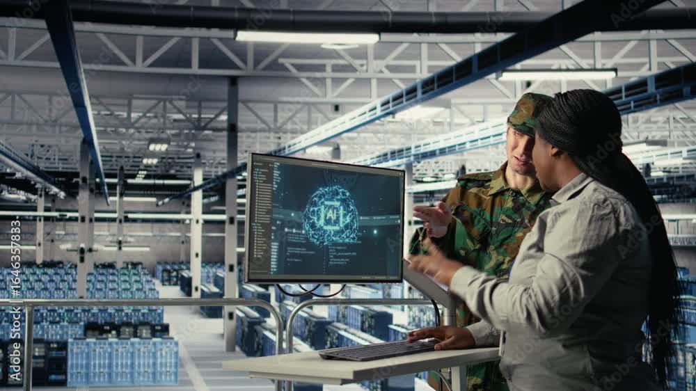 Poster military staff in server room uses ai tools to help manage computer systems. army team wearing unifo