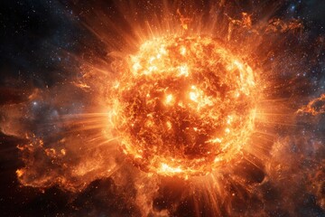 Obraz premium A fiery, turbulent star radiates intense light and heat, its surface textured with glowing eruptions against a dark, cosmic backdrop sprinkled with distant stars